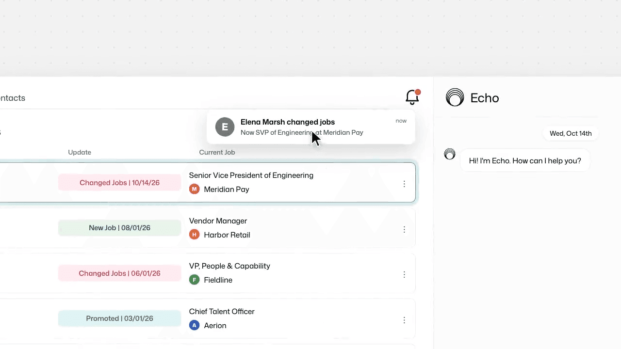Echo flagging a contact the day they changed jobs, with the new title and company on the alert