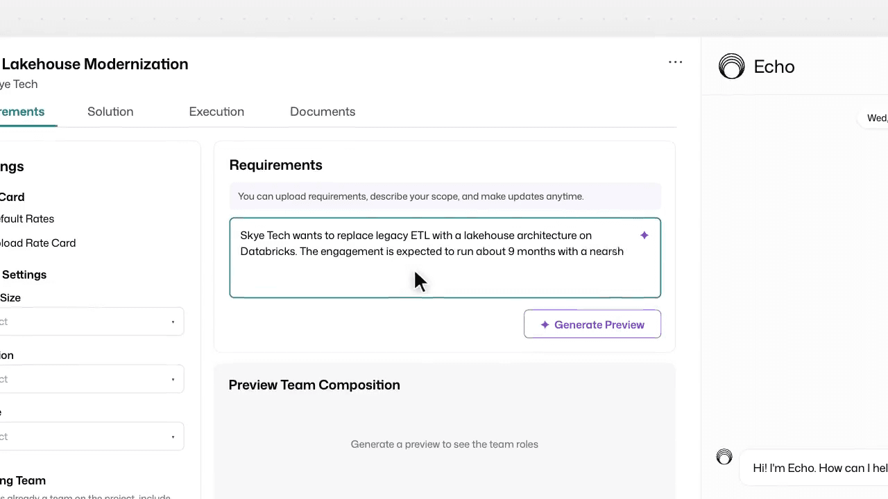 The customer's brief typed into Echo's requirements box, ready to generate a preview