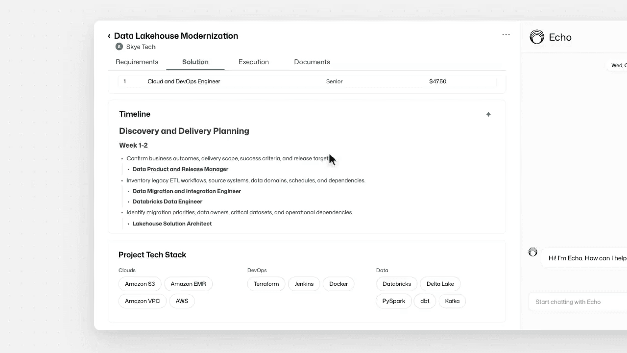 Echo's scoped plan: a week-by-week discovery and delivery timeline above the project's tech stack