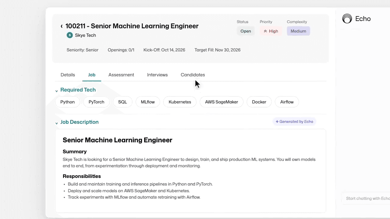 A role's required tech and the job description Echo generated for it, beside its assessment and interview tabs